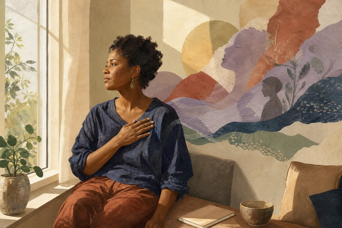 Black woman sitting in warm window light, pausing to notice and name her inner experience