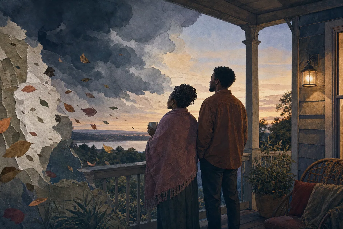 Two Black adults standing together on a porch as storm clouds give way to a calmer horizon