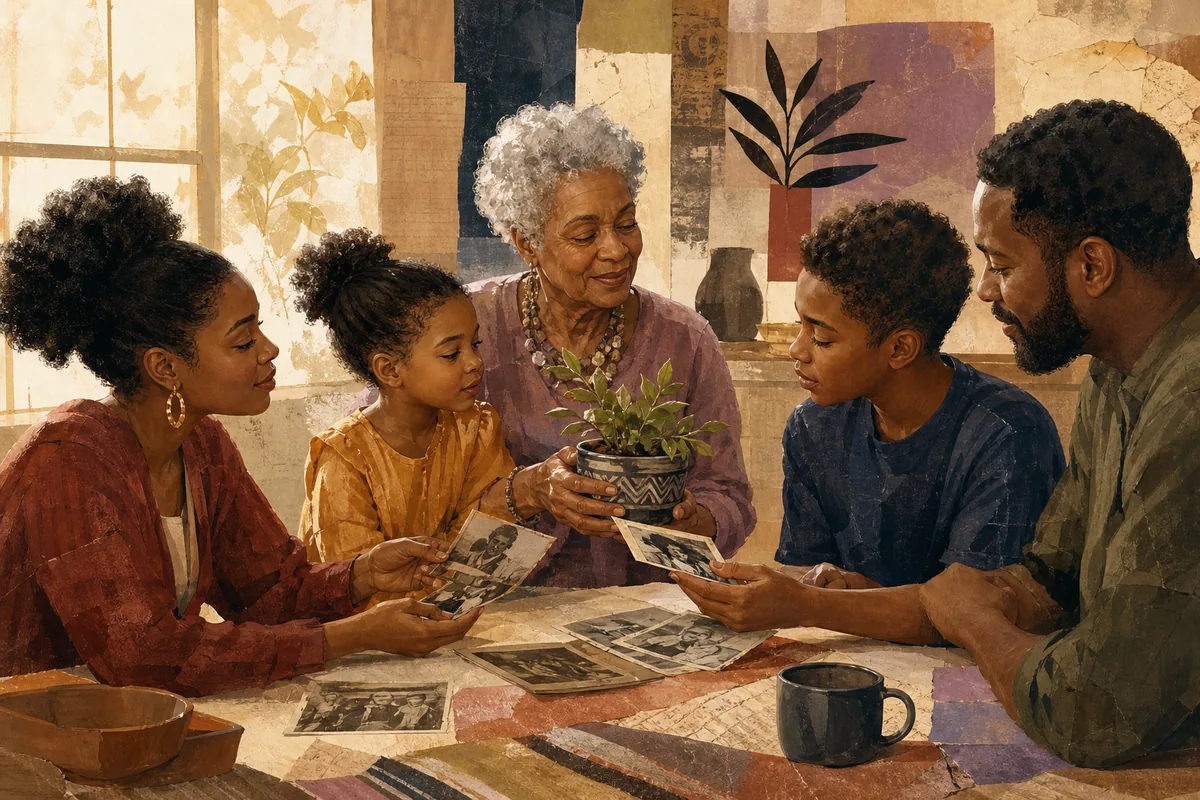 Three generations of a Black family sharing photographs and tending a small plant together