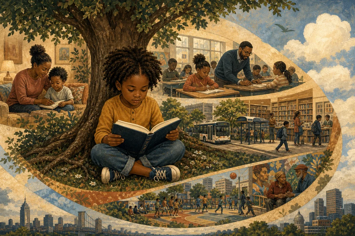 Black child reading beneath a tree within scenes of home, school, neighborhood, and community life
