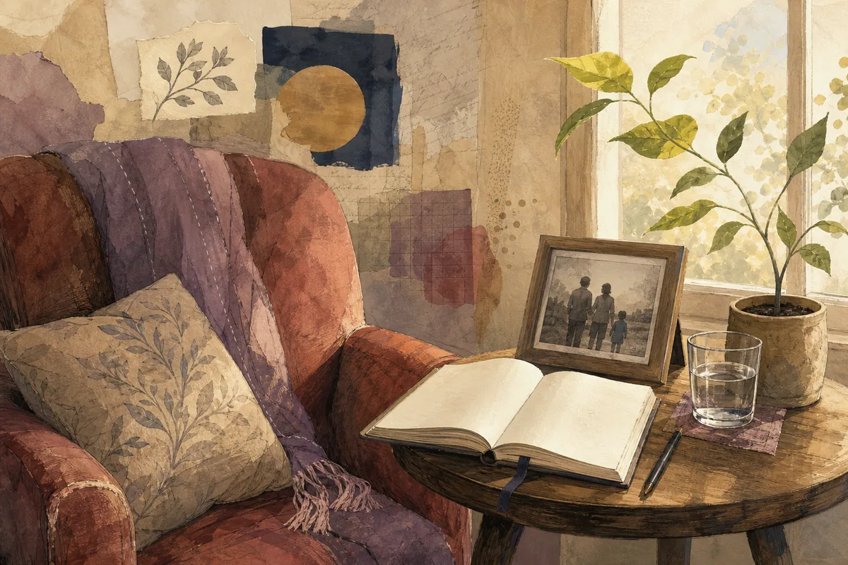 Sunlit reading chair beside an open journal, a family photograph, water, and a growing plant